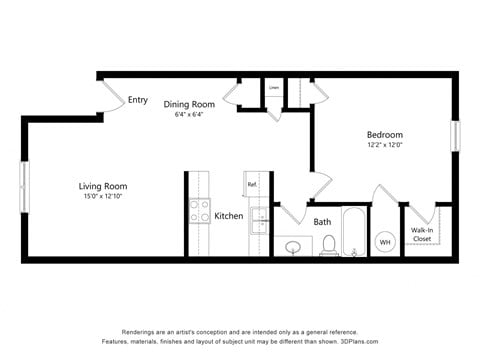 Floor plan for 1 bed, 1 bath, 700 sqft